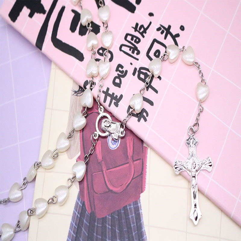 Love  Rosary Necklace Virgin Mary Cross Jewelry Baptism Beads Christ Jesus Prayer Counting Bead Chain